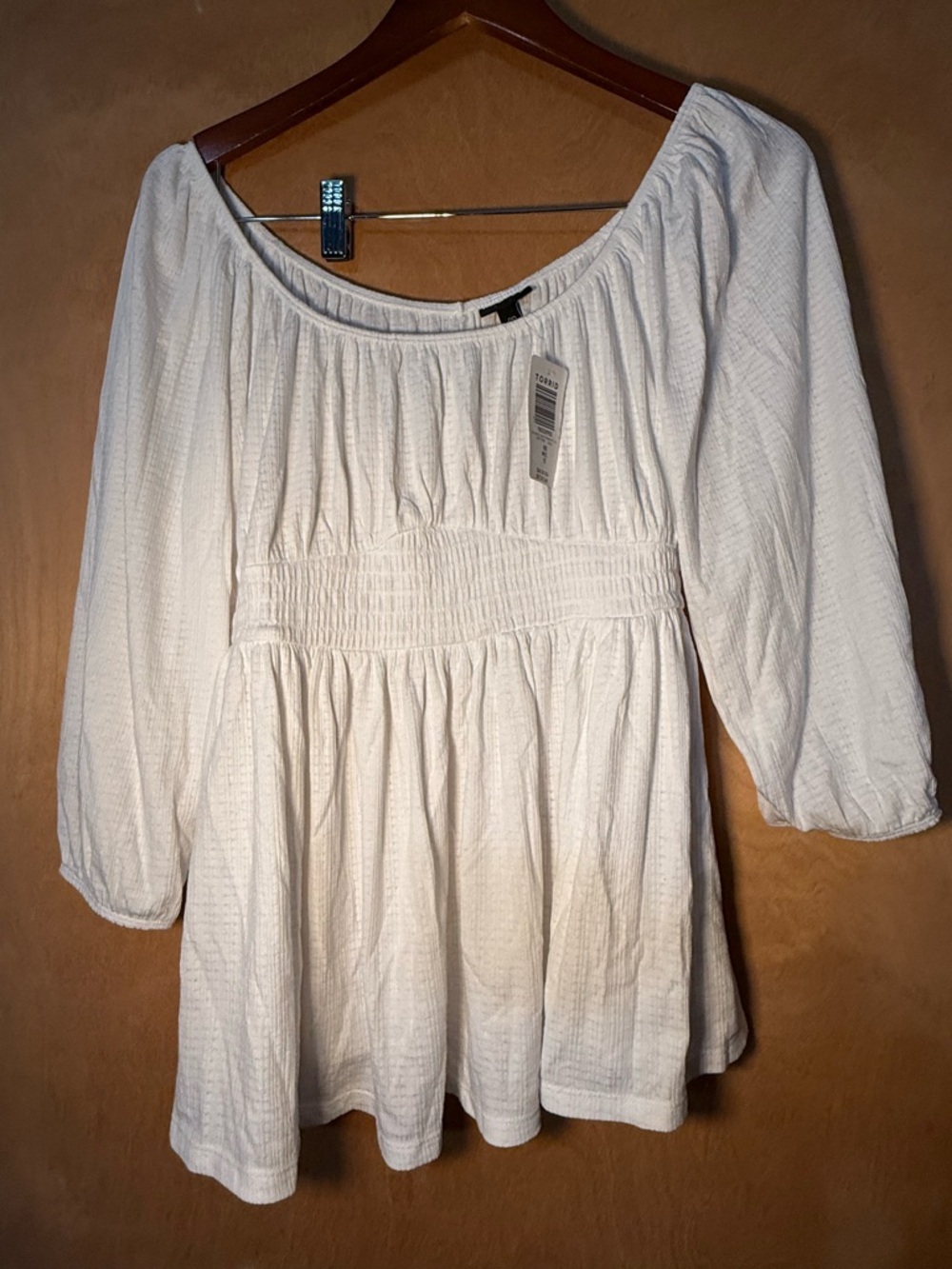 Torrid White Peasant Tunic with Smocked Waist
